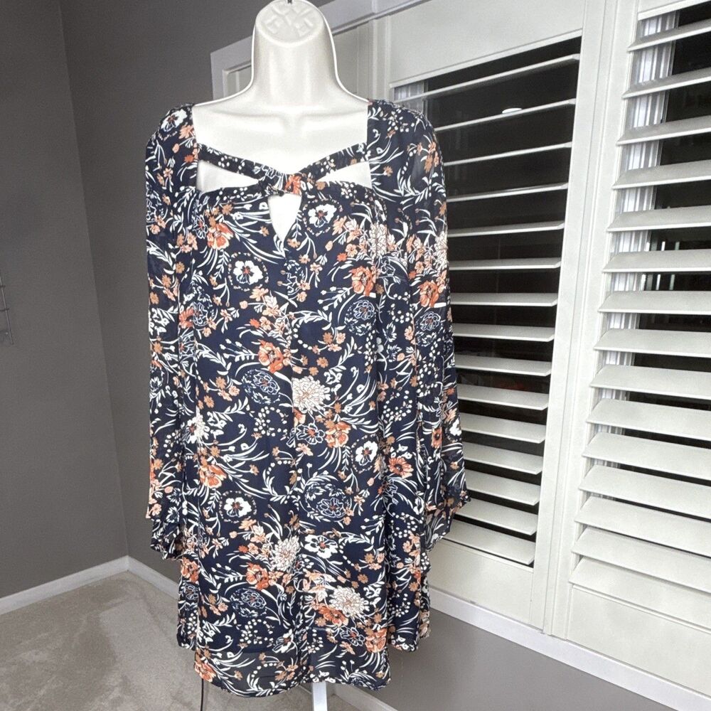 Umgee Womens Shift Dress S Navy Floral bell Sleeve Lined Chiffon oversized